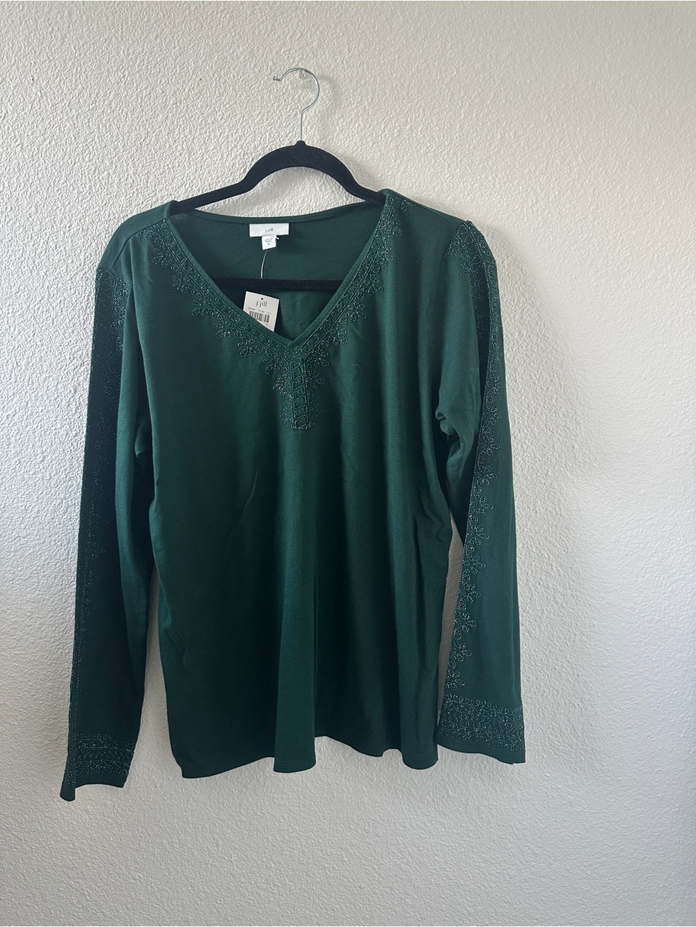 J Jill Women's Dark Green V-Neck Embellished Long Sleeve Top